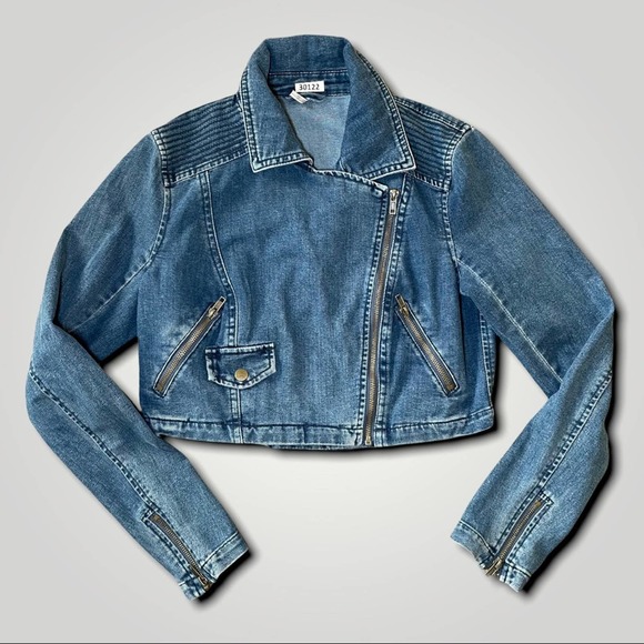 FREE PEOPLE CROPPED MOTO MOD ZIPPER DENIM JACKET - SP - Picture 2 of 5